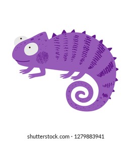 Cute African animal. Chameleon. Vector background. Hand drawn illustration. Chalk and pencil brush texture. Funny character for kids. Isolated on white element for stickers, cards, invites and posters