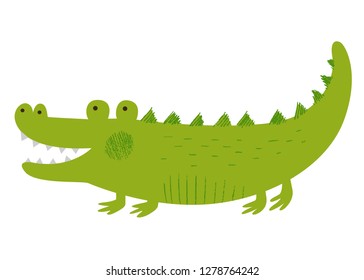 Cute African animal. Crocodile. Vector background. Hand drawn illustration. Chalk and pencil brush texture. Funny character for kids. Isolated on white elements for stickers, cards, invites and poster