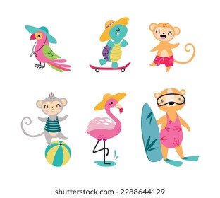 Cute African Animal Enjoying Hot Summer Activity Vector Set