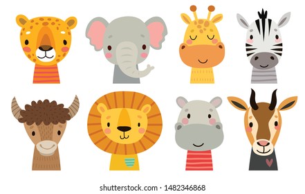 Cute African animal faces  Hand drawn characters  Sweet funny animals  Vector illustration 