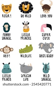 Caras de animales africanos lindos Grande conjunto. Ilustraciones de Doodle para diseñar tarjetas, carteles y camisetas para niños. 