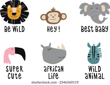 Lindo animal africano y letras escritas a mano. Ilustraciones Doodle para tarjetas, carteles e invitaciones a fiestas infantiles.