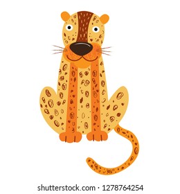 Cute African animal. Leopard. Vector background. Hand drawn illustration. Chalk and pencil brush texture. Funny character for kids. Isolated on white elements for stickers, cards, invites and posters.