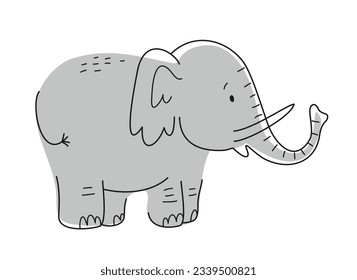 Cute African animal. Outline big funny elephant with tusks and ears. Exotic tropical wild life character in doodle style for wallpaper. Cartoon flat vector illustration isolated on white background