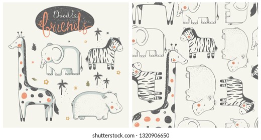 Cute African animal set. Zebra, Hippopotamus, giraffe, elephant. hand drawn color character. with seamless pattern. -Vector