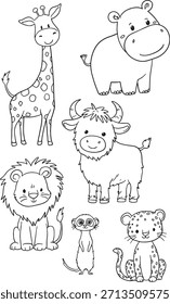 Conjunto de Vector de animales africanos lindos con una jirafa, hipopótamo, león, leopardo, ñus y suricata. Ilustración de dibujos animados perfecta para el diseño de los niños, temas de selva o safari, materiales educativos.