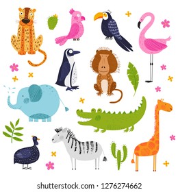 Cute African animals, birds and flowers. Vector background. Hand drawn illustration. Summer set. Funny characters for kids. Isolated on white elements for stickers, cards, invites and ads.