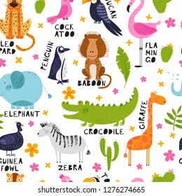 Cute African animals, birds and flowers. Vector seamless pattern. Bright background. Hand drawn illustration. Summer set. Funny characters for kids. Isolated on white for fabric, endless surface.