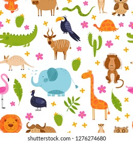 Cute African animals, birds and flowers. Vector seamless pattern. Bright background. Hand drawn illustration. Summer set. Funny characters for kids. Isolated on white for fabric, endless surface.