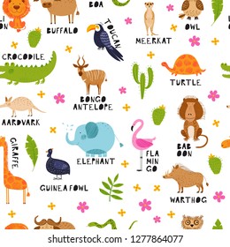 Cute African animals, birds and flowers. Vector seamless pattern. Bright background. Hand drawn illustration. Summer set. Funny characters for kids. Isolated on white for fabric, endless surface.