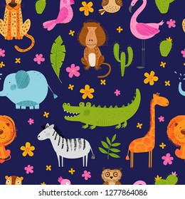 Cute African animals, birds and flowers. Vector seamless pattern. Dark blue background. Hand drawn illustration. Summer set. Funny characters for kids. Isolated on white for fabric, endless surface.