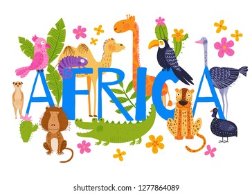 Cute African animals, birds and flowers. Bright vector background. Hand drawn illustration. Summer set. Funny characters for kids. Colorful template for travel poster, zoo and safari card.
