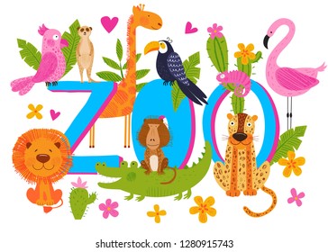 Cute African animals, birds and flowers. Vector background. Hand drawn illustration. Summer set. Funny characters for kids. Colorful template for travel poster, zoo and safari card. Cartoon style.