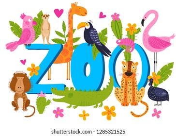 Cute African animals, birds and flowers. Blue vector background. Hand drawn illustration. Summer set. Funny characters for kids. Colorful template for travel poster, zoo and safari card. Cartoon style