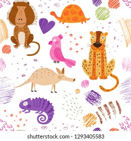 Cute African animals and birds. Vector seamless pattern. Bright summer background. Hand drawn illustration. Pencil texture. Funny characters for kids. Isolated on white for fabric, endless surface.