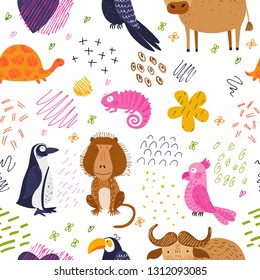 Cute African animals and birds. Vector seamless abstract creative pattern. Bright summer background. Hand drawn pencil texture. Funny characters for kids. Isolated for fabric, endless surface.