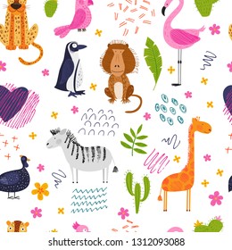 Cute African animals and birds. Vector seamless abstract creative pattern. Bright summer background. Hand drawn pencil texture. Funny characters for kids. Isolated for fabric, endless surface.