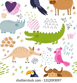 Cute African animals and birds. Vector seamless pattern. Bright summer background. Hand drawn illustration. Pencil texture. Funny characters for kids. Isolated on white for fabric, endless surface.