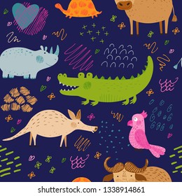 Cute African animals and birds. Vector seamless pattern. Navy blue background. Hand drawn illustration. Pencil texture. Funny characters for kids. For fabric, textile, endless surface.