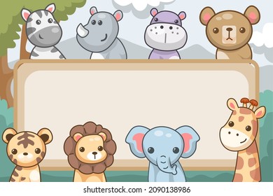Cute african animals with blank sign. with a beautiful natural scenery background