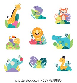 Rutsche afrikanische Tiere im Buschset. Adorable Toucan, Giraffe, Chameleon, Löwe, Hippopotamus, Elefant, Frosch, Schlange auf Naturkartografik Vektorgrafik