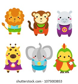 Cute african animals. Cartoon kawaii wildlife animals set. Lion, monkey, elephant, giraffe and other. Vector illustration