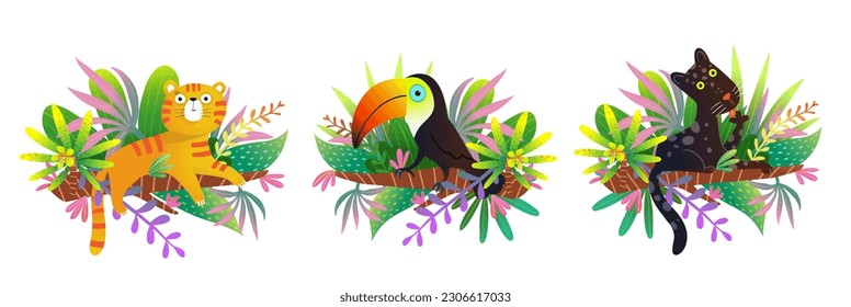 Kute afrikanische Tiere sammeln zwischen Blumen und tropischen Blättern. Quirky wilde Panther Katze, Toucan und Tiger Illustrationen für Kindererziehung oder Zoo-Design. Vektor-Clip-Art-Set.