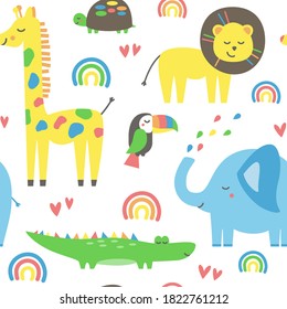 Cute african animals colorful pastel seamless pattern for kids on white background
