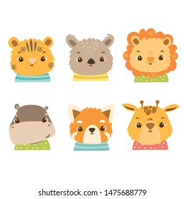 Cute african animals in costumes,
Lion, giraffe, hippo, panda, koala, red panda, tiger, cat. Happy faces of babies
