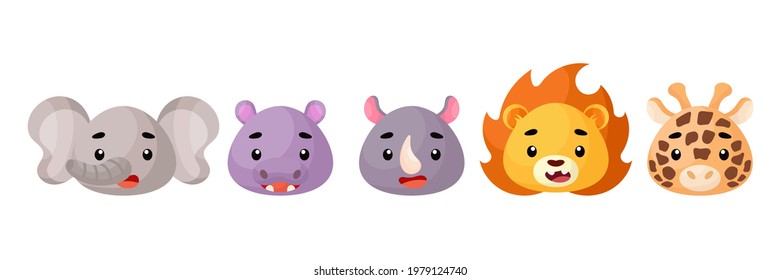 Cute african animals heads set. Collection funny animals characters for kids cards, baby shower, birthday invitation, house interior. Bright colored childish vector illustration.