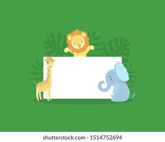 Cute African Animals Holding Empty Banner, Adorable Lion, Giraffe, Elephant with Blank Sign Board Vector Illustration