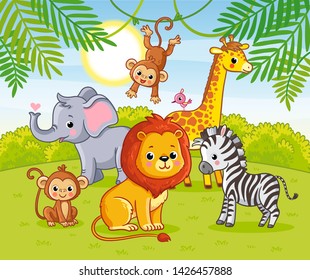 Cute African animals in the jungle. Animals in the green jungle in a cartoon style.