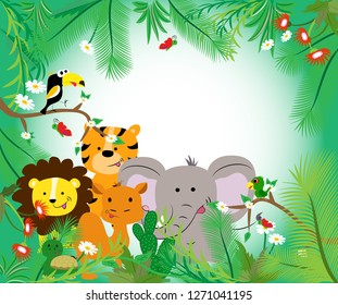 Cute African animals with leaves frame. Place for your text.