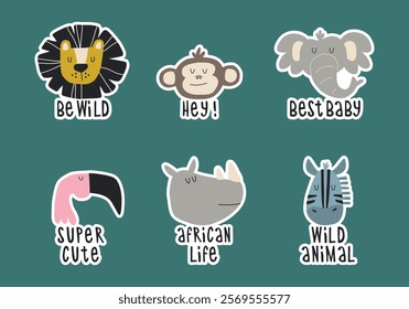 Cute African animals and lettering sticker set. Hand drawn illustrations for cards, posters and invitations for children's parties.	