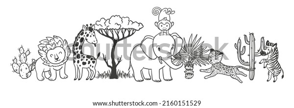 Cute African animals - lion, giraffe, elephant, zebra, panther. Vector hand drawn illustrations for wallpapers, wall murals