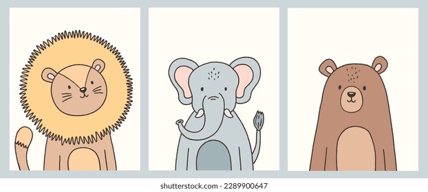 Cute African Animals Nursery Cute Wall Art Hand-Drawn Vector Illustration Set
