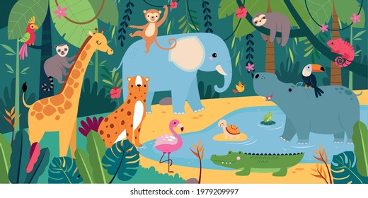 Cute African Animals On Exotic Tropical Stock Vector (Royalty Free ...