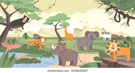 Cute African animals on exotic tropical landscape. Savannas, reptiles and birds on panoramic colorful landscape with a wild inhabitant. Inhabitants of the savannah. Cartoon vector illustration