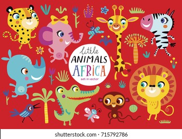 Cute African animals on a red background. Childish vector illustration of elephant, lion, giraffe, Zebra, Rhino, crocodile, monkey, butterfly, bird and leopard.