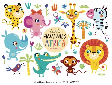 Cute African animals on a white background. Childish vector illustration of elephant, lion, giraffe, Zebra, Rhino, crocodile, monkey, butterfly, bird and leopard.
