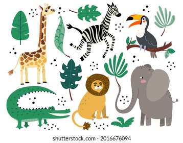 Cute African animals with palm leaves vector set in flat doodle style 