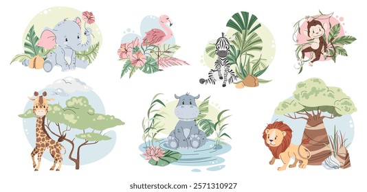 Cute african animals and plants on white background. Vector illustration animals for children's card, sticker, print, etc.