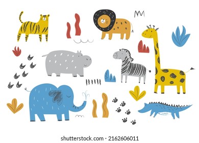 Cute african animals and plants in scandinavian style Vector hand-drawn colored children's simple set Elephant, zebra, crocodile, lion. Cartoon animals EPS