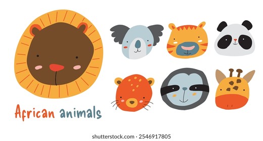 Cute African animals portraits. Funny Mammals heads set. Collection zoo tropical wildlife safari animal. Make for design and branding elements. Flat vector illustration isolated on white 