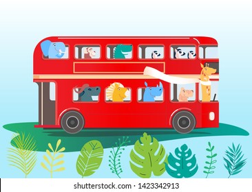 Cute african animals in red bus. Vector cartoon.