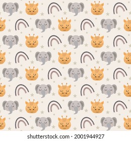 Patrón de animales africanos sin fisuras.  La textura infantil repetitiva en color pastel con jirafa, elefante y arcoiris. Diseño bohemio moderno para textiles, papel pintado, tela.