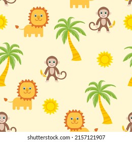 Cute African animals seamless pattern. Vector kids background. Cartoon flat illustration of lion, monkey, sun and palm tree on yellow.