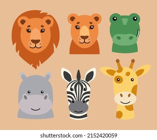 Cute African animals. Set of portraits of predators and herbivores savanna: lion, lioness, crocodile or alligator, hippopotamus, zebra and giraffe. Vector illustration in a flat style.