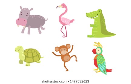 Cute African Animals Set, Turtle, Monkey, Parrot, Hippo, Flamingo, Crocodile Vector Illustration
