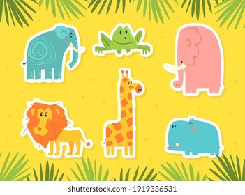 Cute African Animals Stickers Set, Giraffe, Rhino, Snake, Camel, Elephant Cute Mammals in Savannah Cartoon Vector Illustration